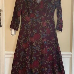 Eddie Bauer Burgundy Floral Midi Dress Long Sleeve V-Neck Side Zipper Size Small